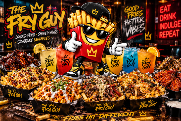 The Fry Guy mascot with loaded fries, wings and colorful lemonades in our promotional artwork